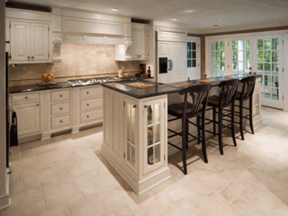 Marble-top white island with stools